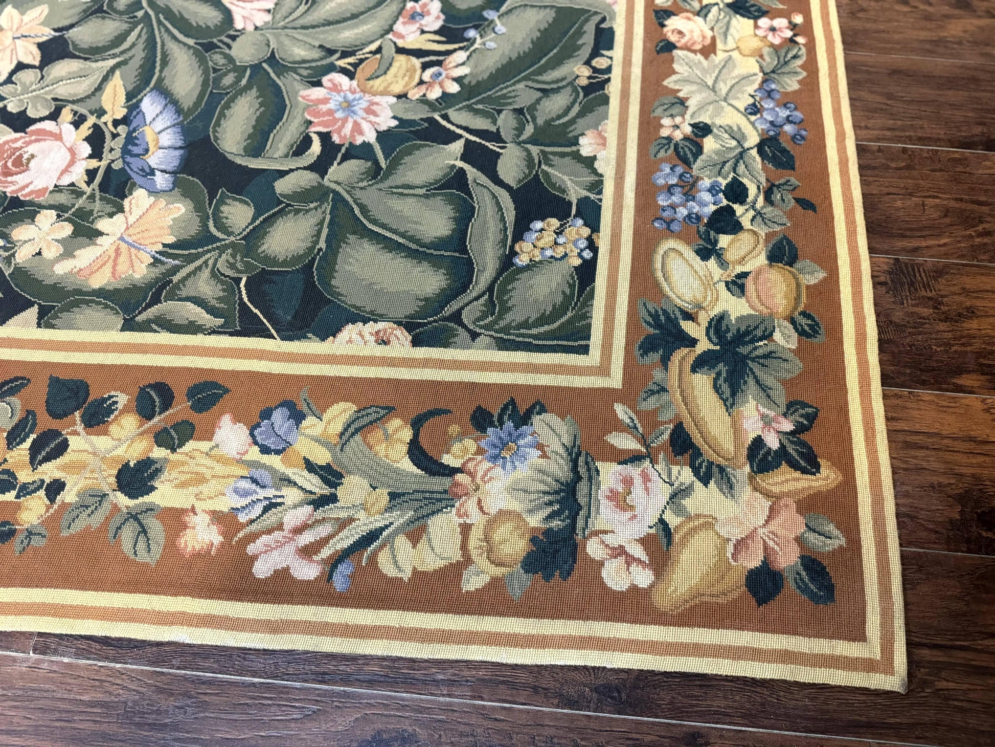 Needlepoint Rug 8x10, Vintage, Handmade, Wool, Green, Leaves & Fruits - Nuvé