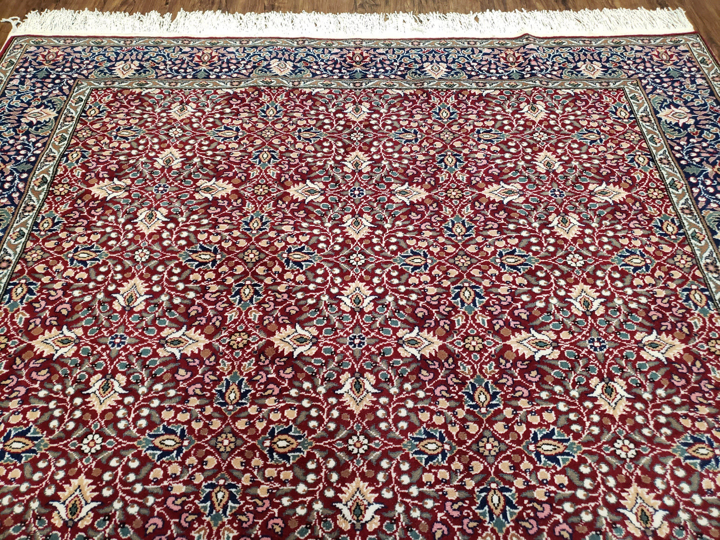 Vintage Turkish Sivas Area Rug 6.5 x 9.5, Wool Hand-Knotted Red & Midnight Blue Allover Floral Pattern Oriental Carpet, 6x9 Traditional Rug - Nuvé