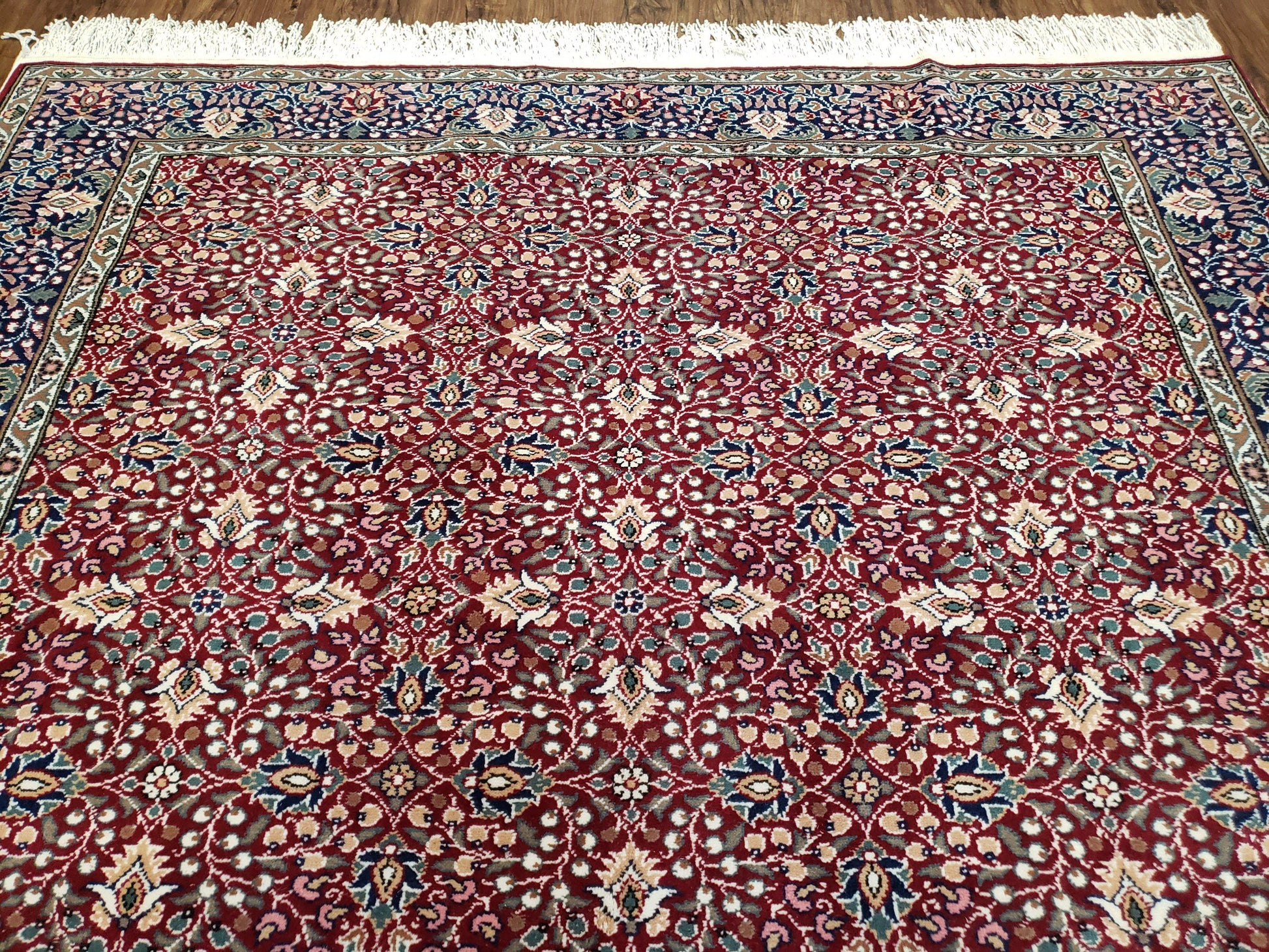 Vintage Turkish Sivas Area Rug 6.5 x 9.5, Wool Hand-Knotted Red & Midnight Blue Allover Floral Pattern Oriental Carpet, 6x9 Traditional Rug - Nuvé