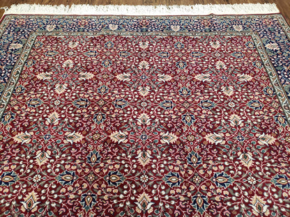 Vintage Turkish Sivas Area Rug 6.5 x 9.5, Wool Hand-Knotted Red & Midnight Blue Allover Floral Pattern Oriental Carpet, 6x9 Traditional Rug - Nuvé