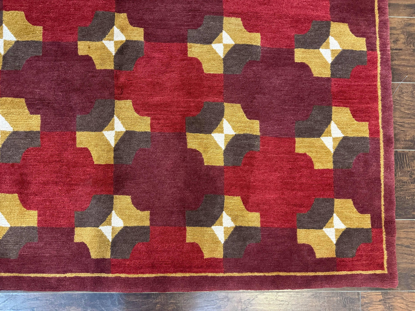 Modern Tibetan Rug 5 x 6.8, Wool, Red, Allover Pattern, Nepali Rug, Abstract Rug, Handmade Area Rug - Nuvé