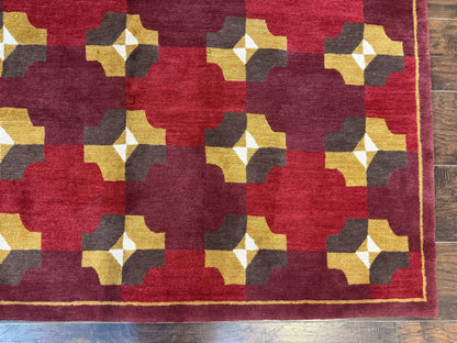 Modern Tibetan Rug 5 x 6.8, Wool, Red, Allover Pattern, Nepali Rug, Abstract Rug, Handmade Area Rug - Nuvé
