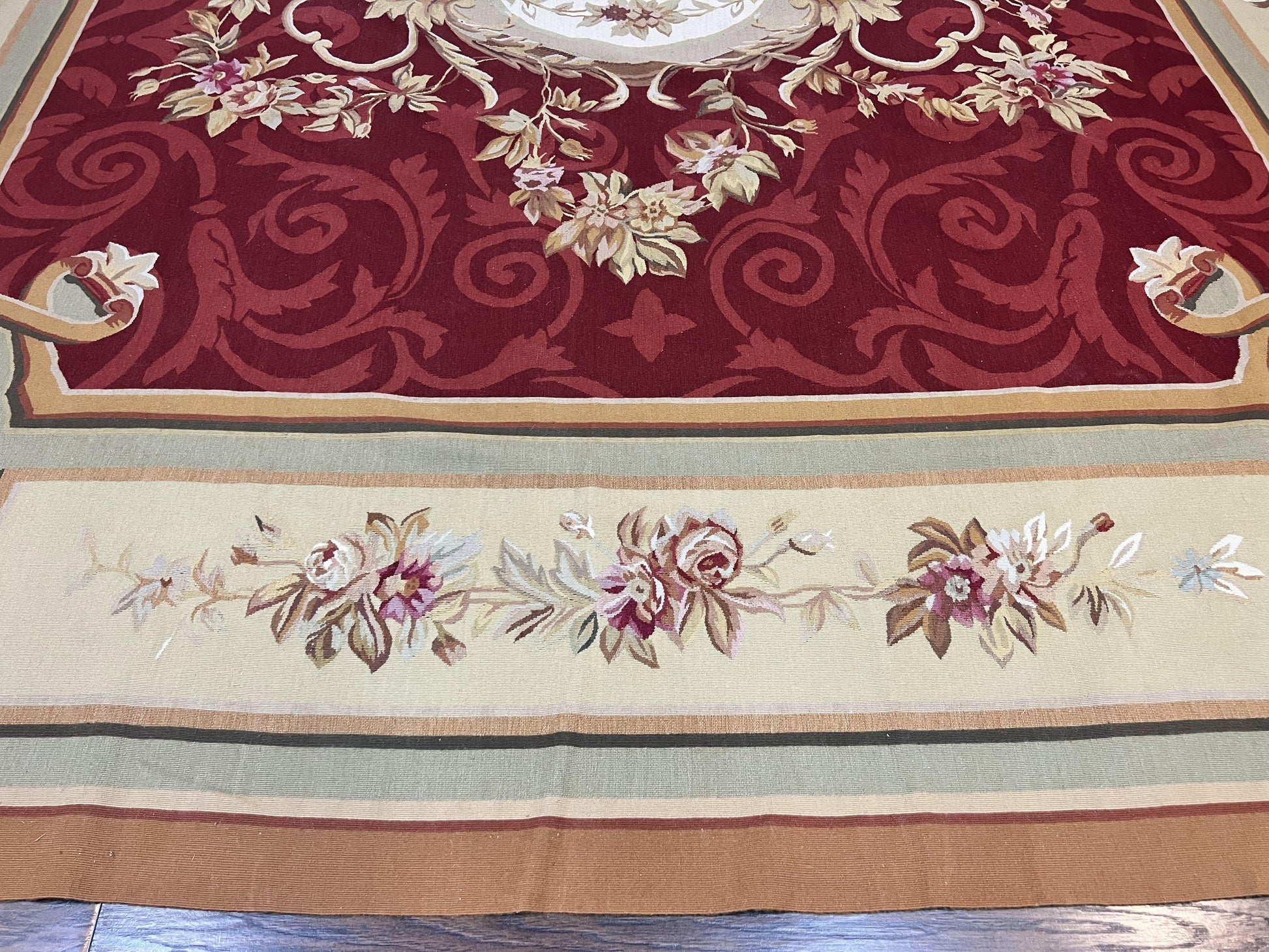 Large Aubusson Rug 10x14, Wool Handmade Vintage Carpet, Dark Red Ivory Tan, French European Elegant Aubusson Weave Rug - Nuvé