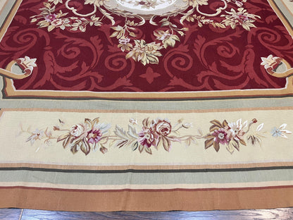 Large Aubusson Rug 10x14, Wool Handmade Vintage Carpet, Dark Red Ivory Tan, French European Elegant Aubusson Weave Rug - Nuvé