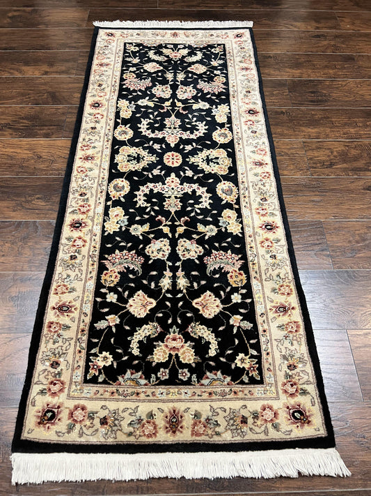Sino Persian Short Runner Rug 2.7 x 6, Wool and Silk Highlights Black and Beige Handmade Vintage Floral Allover Oriental Carpet, Hallway Rug - Nuvé