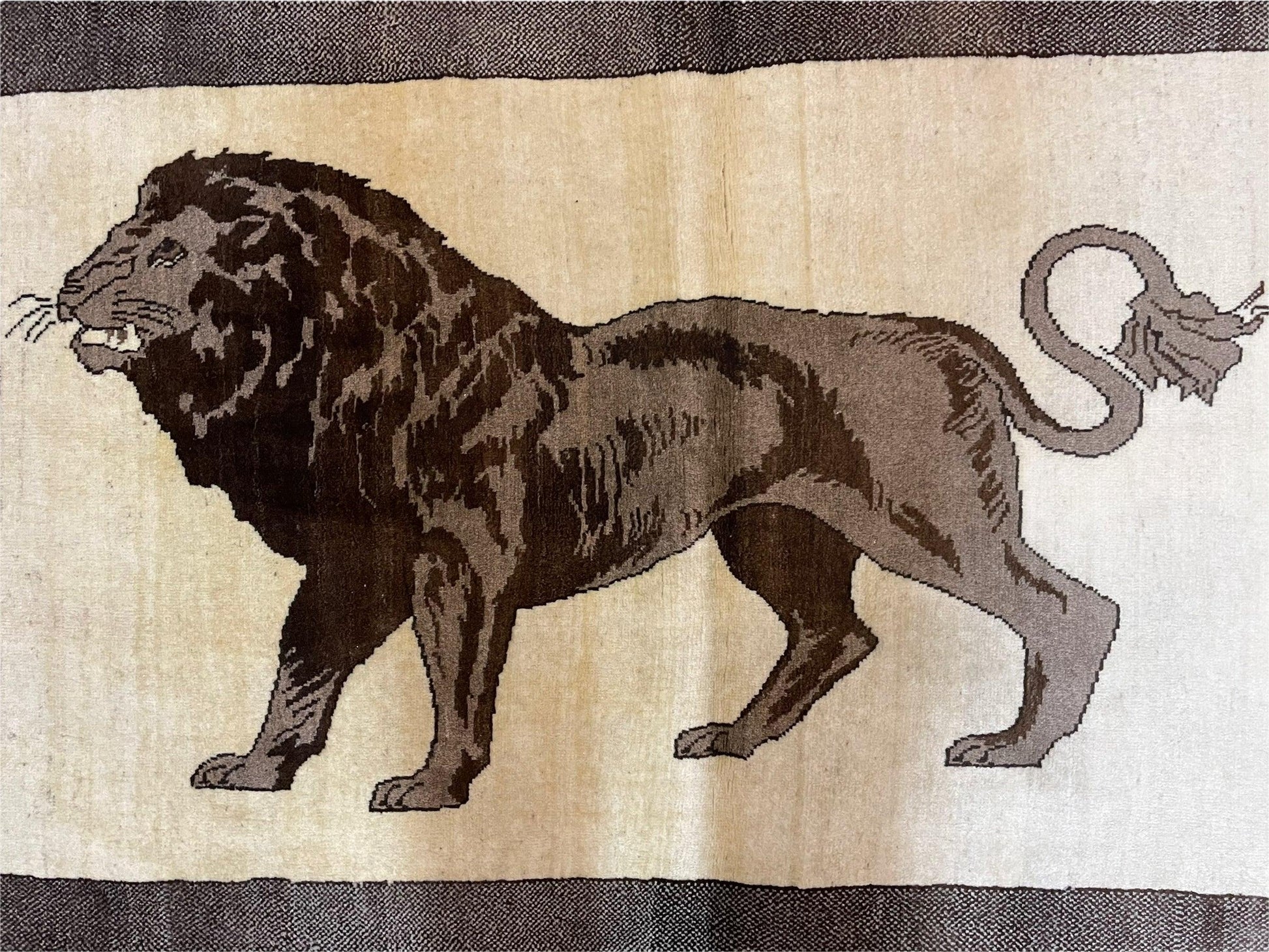 3 x 5 Handmade Rug Brown Beige Hand-Knotted Lion Rug New Vintage Quality Animal - Nuvé