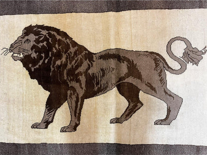3 x 5 Handmade Rug Brown Beige Hand-Knotted Lion Rug New Vintage Quality Animal - Nuvé