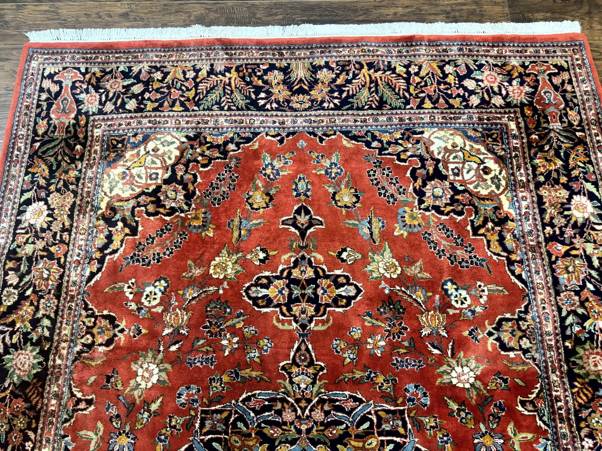 Indo Persian Rug 7x10, Vintage Handmade Wool Carpet, Floral Medallion Traditional Rug, Red and Midnight Blue - Nuvé