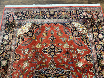 Indo Persian Rug 7x10, Vintage Handmade Wool Carpet, Floral Medallion Traditional Rug, Red and Midnight Blue - Nuvé