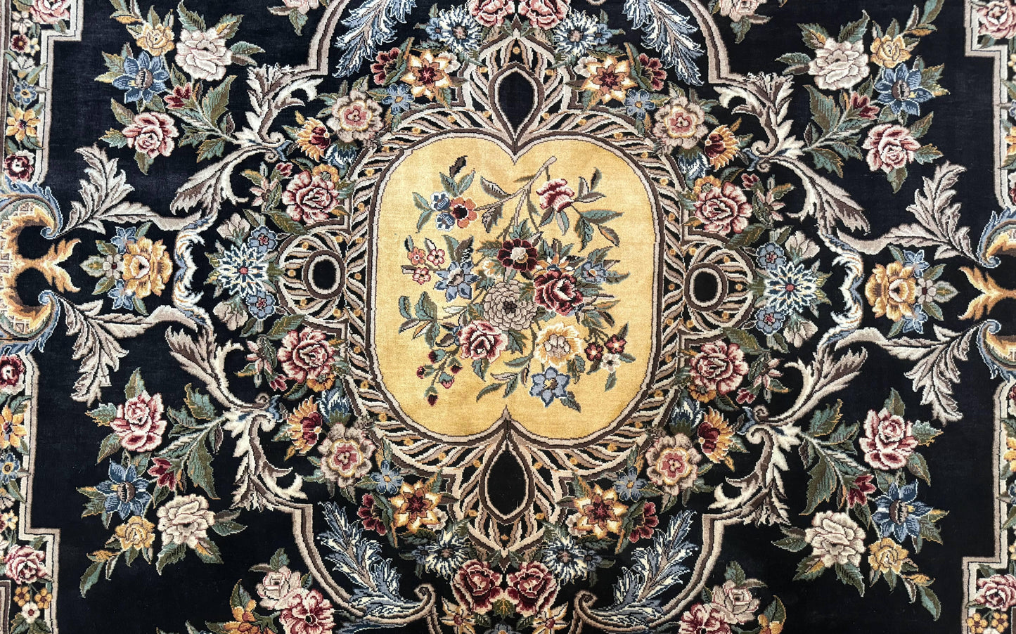 Aubusson Rug 9x12, Black and Beige, Floral, Elegant Handmade French European Design Carpet - Nuvé