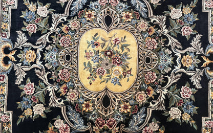 Aubusson Rug 9x12, Black and Beige, Floral, Elegant Handmade French European Design Carpet - Nuvé