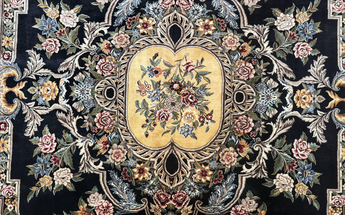 Aubusson Rug 9x12, Black and Beige, Floral, Elegant Handmade French European Design Carpet