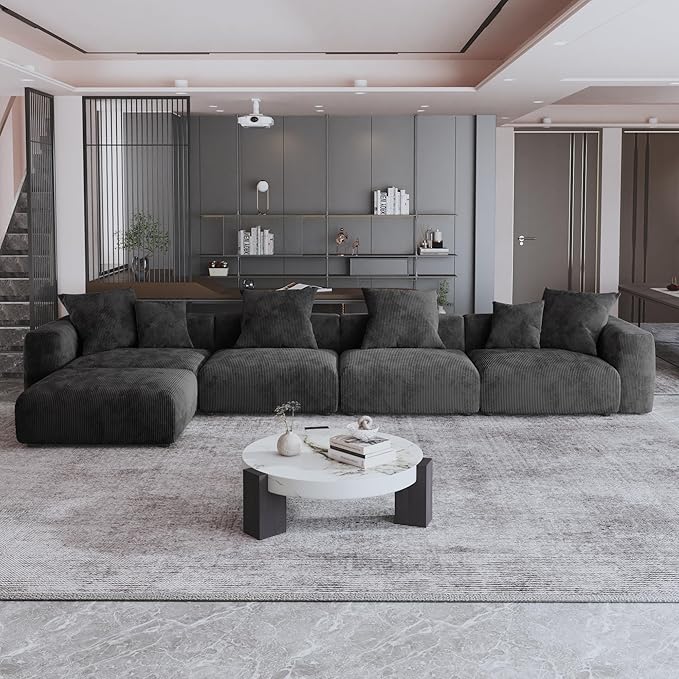 Kanso Corduroy Modular Bouclé Cloud Couch - Black - 4-Seater Sectional Sofa with Ottoman - Nuvé
