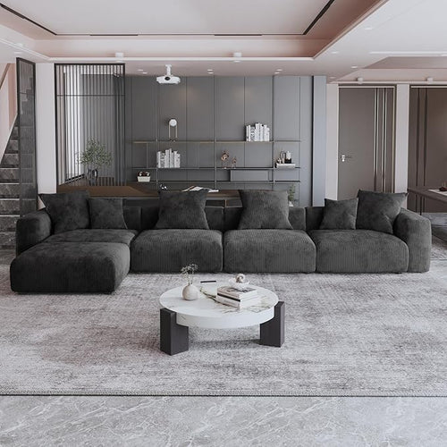 Kanso Corduroy Modular Bouclé Cloud Couch - Black - 4-Seater Sectional Sofa with Ottoman - Nuvé