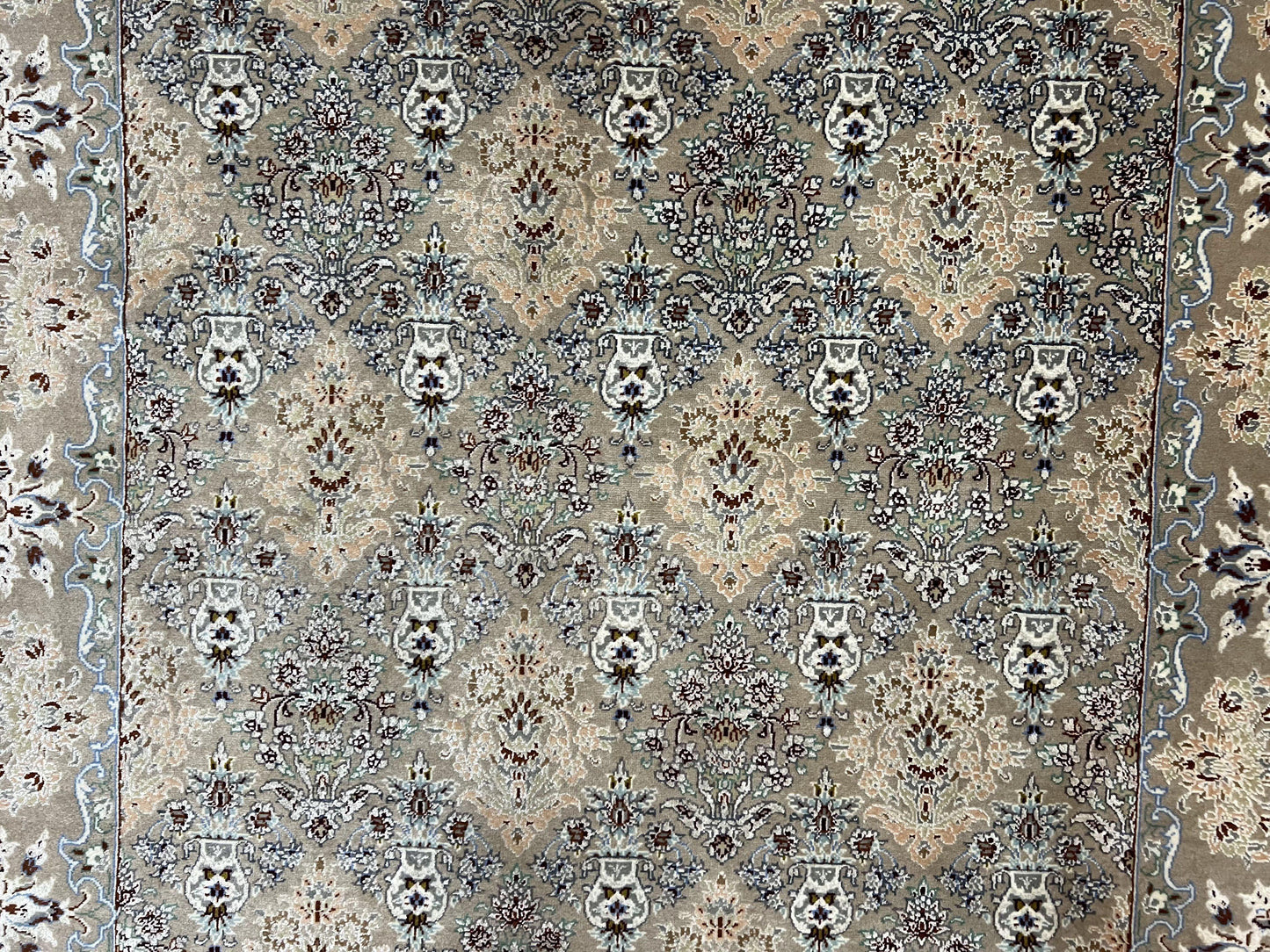 Super Fine Persian Isfahan Rug 3x5 ft, Kork Wool on Silk Foundation, Repeated Floral Motif, Taupe Tan Hand Knotted Oriental Carpet 3 x 5 ft, Signed - Nuvé