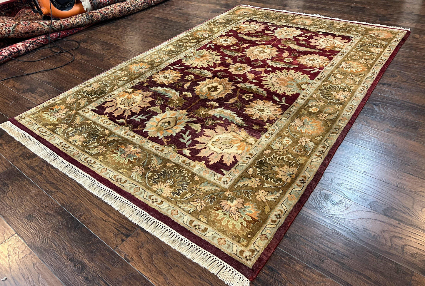 Indo Mahal Rug 6x9, Large Flowers Allover, Maroon and Green, Handmade Wool Area Rug, Vintage Rug, Indian Oriental Carpet, Hand Knotted Rug - Nuvé