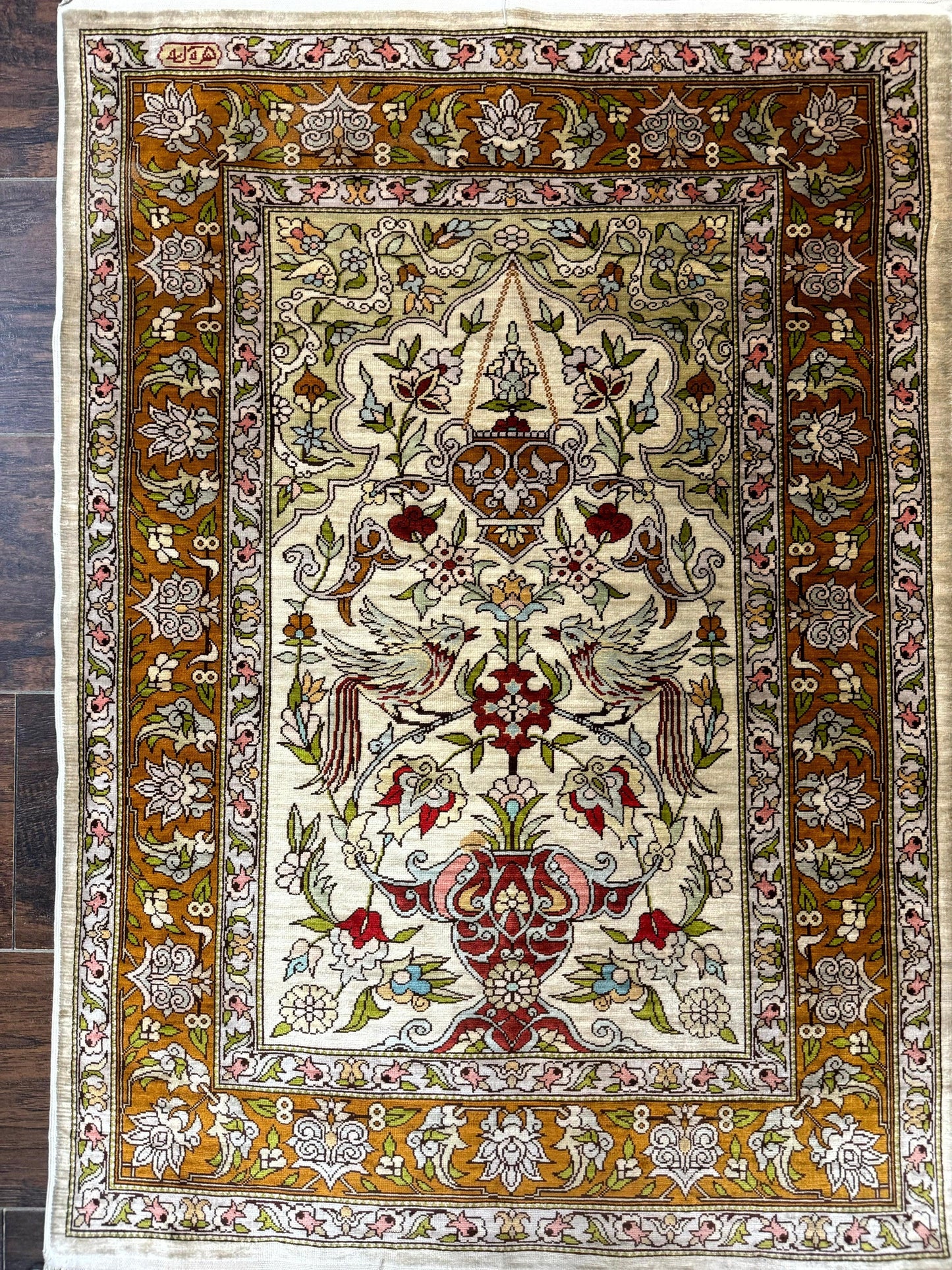 Silk Turkish Hereke Rug 2x3, Birds Lantern Very Fine 400 KPSI, Signed by Masterweaver, Wonderful, Rare, Small Hereke Rug - Nuvé