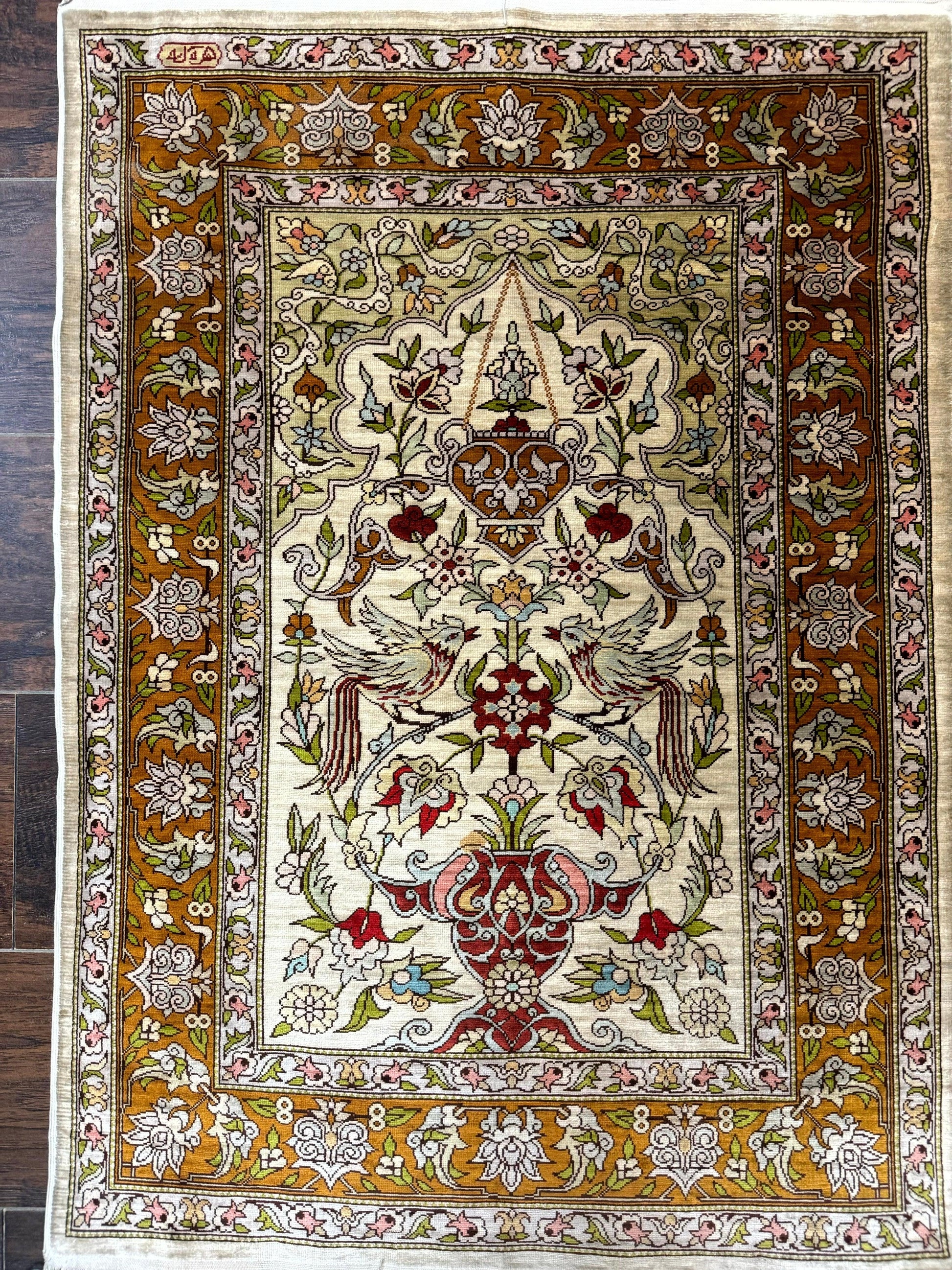 Silk Turkish Hereke Rug 2x3, Birds Lantern Very Fine 400 KPSI, Signed by Masterweaver, Wonderful, Rare, Small Hereke Rug - Nuvé