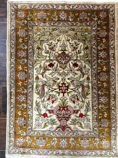 Silk Turkish Hereke Rug 2x3, Birds Lantern Very Fine 400 KPSI, Signed by Masterweaver, Wonderful, Rare, Small Hereke Rug - Nuvé