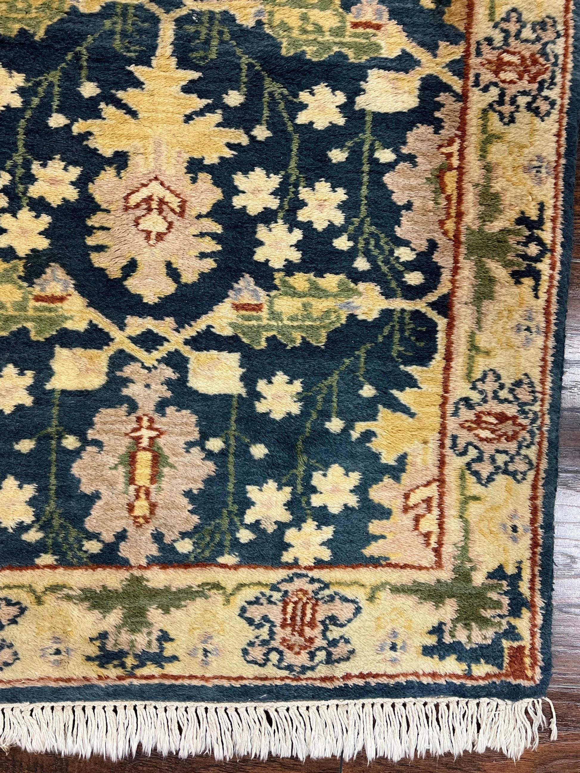 Indian Runner Rug 2.6 x 12, Navy Blue Beige Oriental Runner Rug 12ft Long, Narrow Hallway Runner, Wool Hand Knotted Indo Persian Mahal Rug - Nuvé
