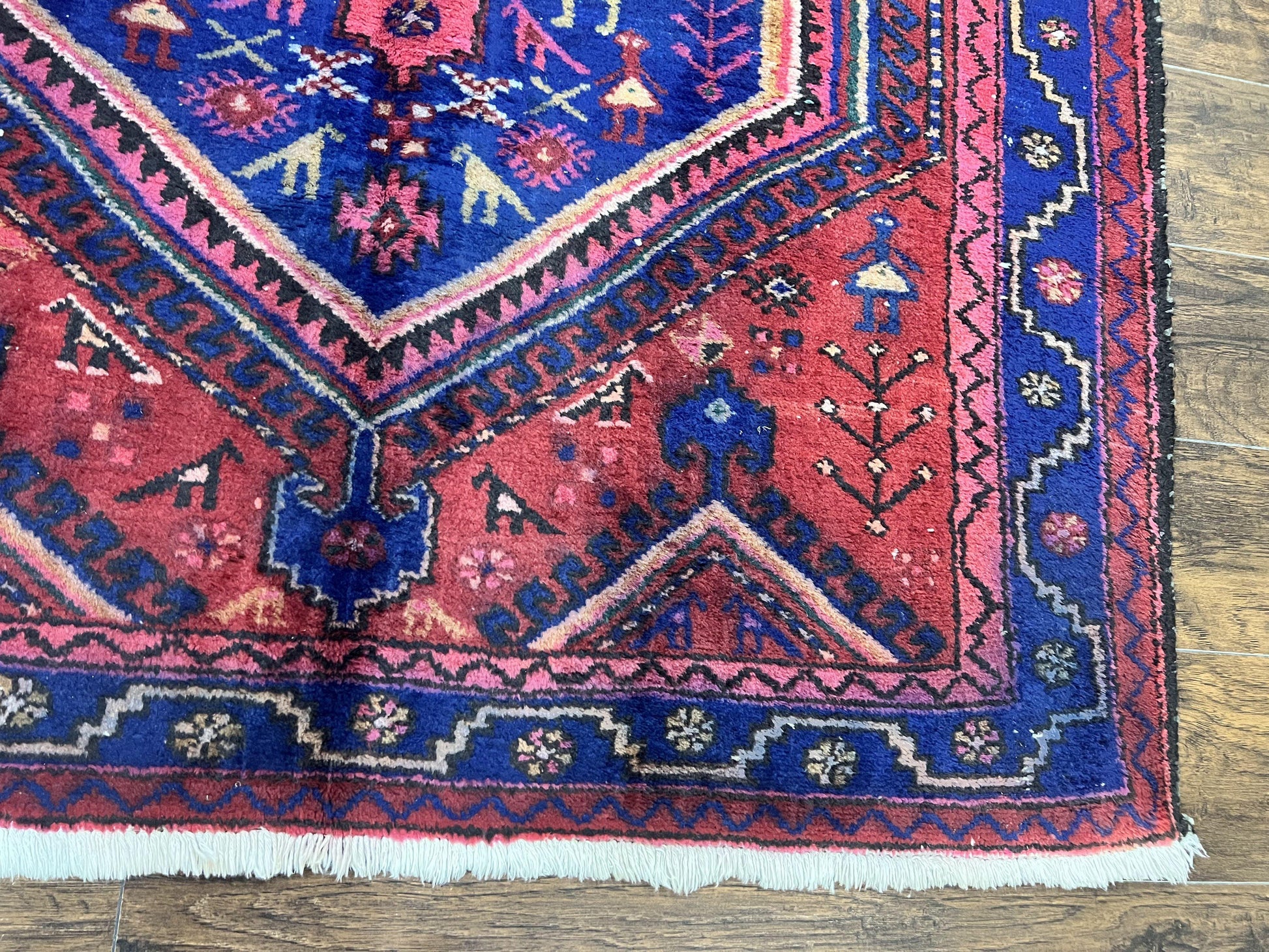 Persian Tribal Rug 5x7, Wool Handmade Vintage Hamadan Nahavand Carpet, Red & Navy Blue, Animal Motifs, Geometric Oriental Rug 5 x 7 - Nuvé