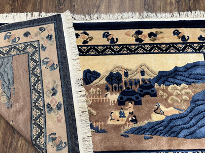 Antique Chinese Pictorial Rug 2.7 x 5, Chinese Village and Hills Carpet, Beige and Dark Blue, Handmade, Horizontal Rug Wall Hanging Tapestry - Nuvé