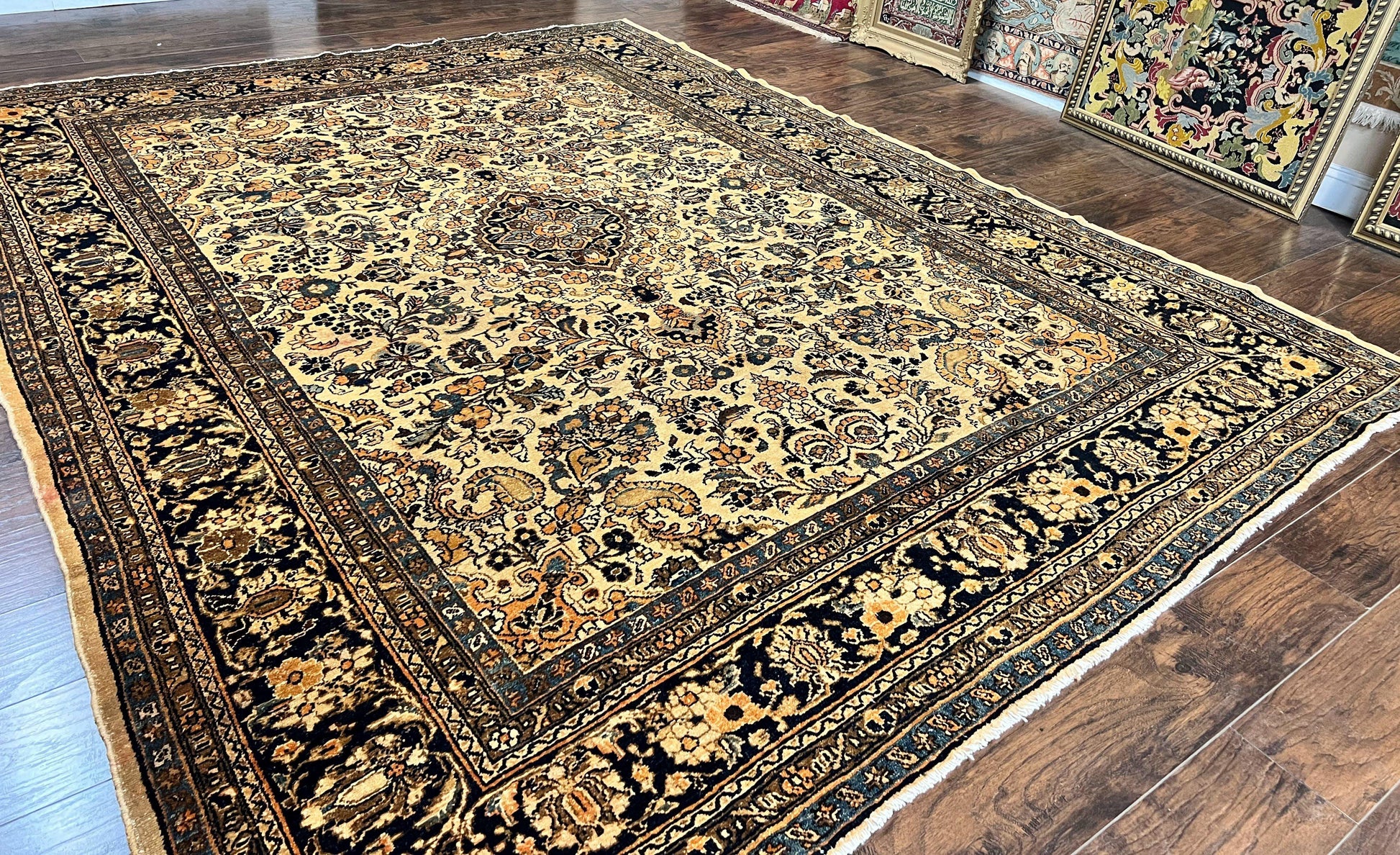 Antique Persian Rug 9x11, Wool Handmade 1920s Oriental Carpet, Persian Hamadan Anjelas Rug, Cream Black, Floral Allover Oriental Rug 9 x 11 Room Sized Rug - Nuvé