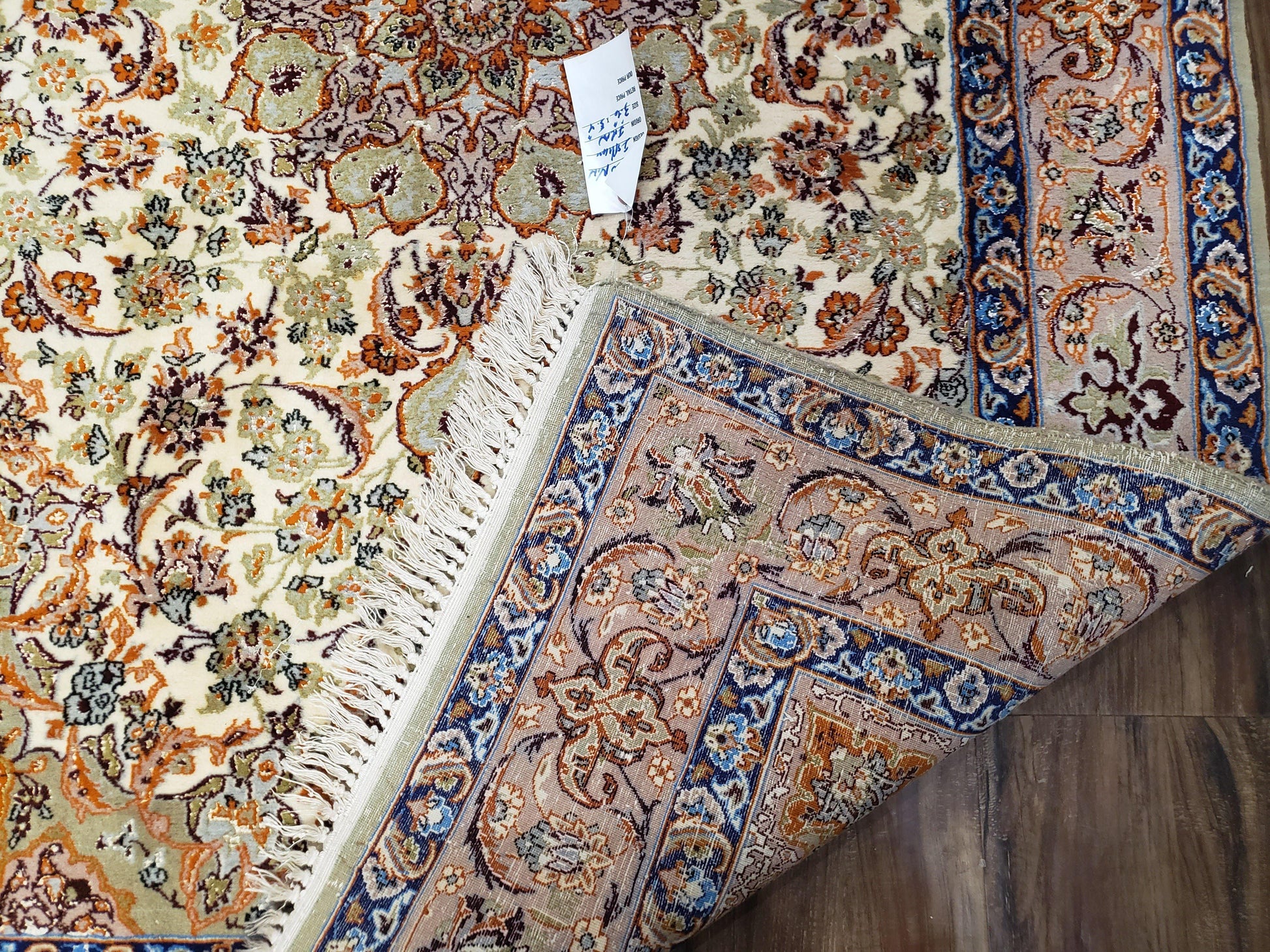 Vintage Persian Isfahan Lachak Toranj Rug, Highly Detailed, Kork Wool on Silk Foundation, Beige and Dark Blue, Hand-Knotted, 3'6" x 5' 4" - Nuvé
