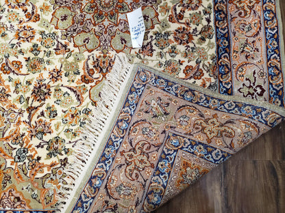 Vintage Persian Isfahan Lachak Toranj Rug, Highly Detailed, Kork Wool on Silk Foundation, Beige and Dark Blue, Hand-Knotted, 3'6" x 5' 4" - Nuvé