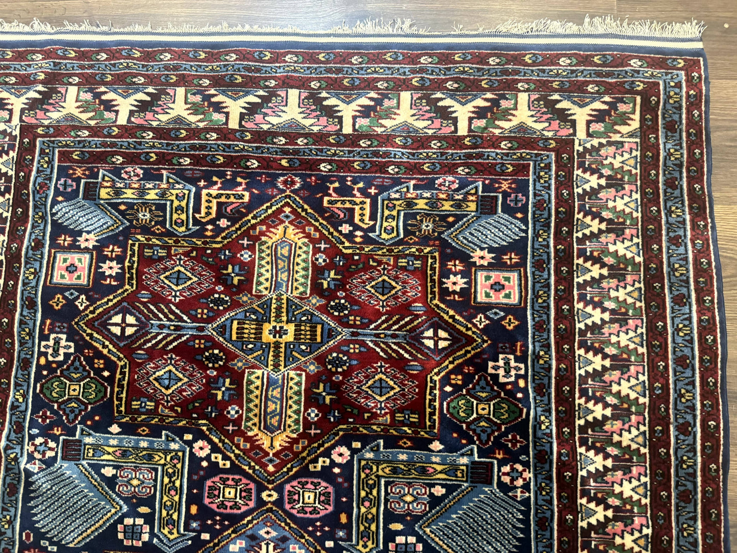 Indian Rug with Caucasian Design, 4x6 Geometric Carpet, Navy Blue and Cream - Nuvé