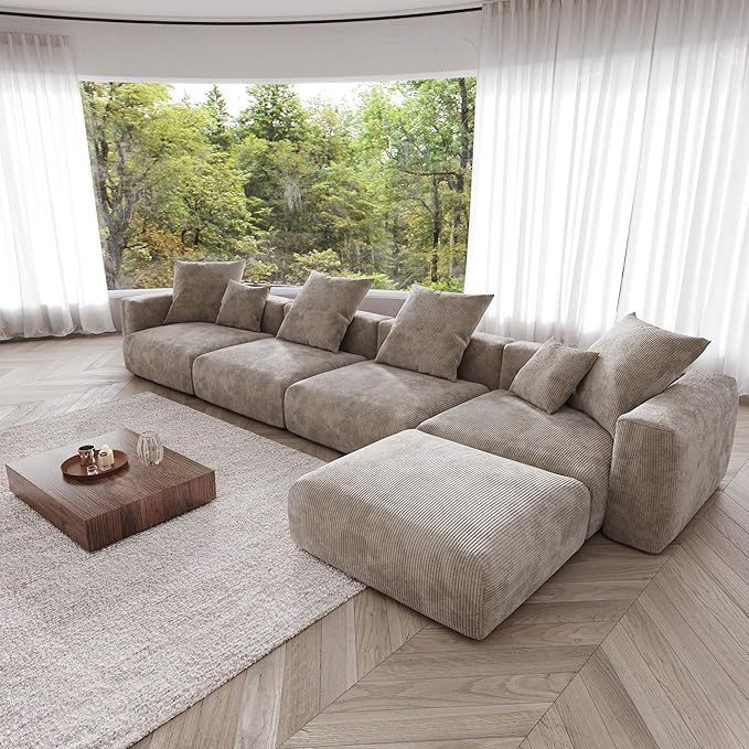 Kanso Corduroy Modular Bouclé Cloud Couch - Brown - 4-Seater Sectional Sofa with Ottoman - Nuvé