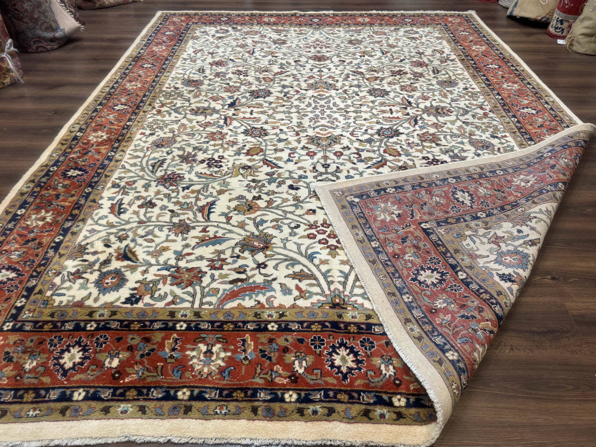 Indo Persian Rug 9x12, Ivory and Red, Traditional Wool Oriental Carpet - Nuvé