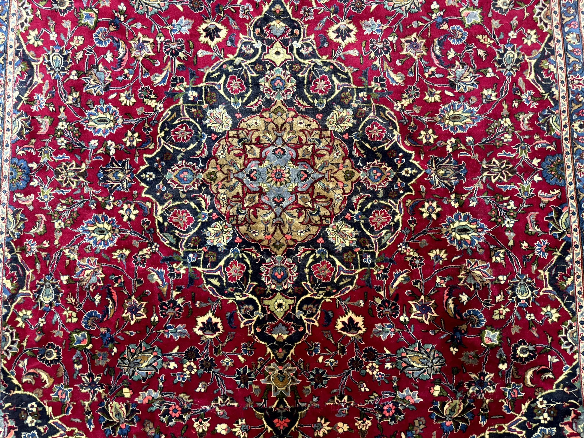 Traditional Persian Rug 8x11, Red Navy Blue, Floral Medallion, Antique Persian Mashad Carpet, Wool - Nuvé