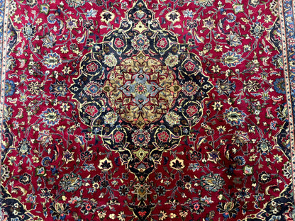 Traditional Persian Rug 8x11, Red Navy Blue, Floral Medallion, Antique Persian Mashad Carpet, Wool - Nuvé