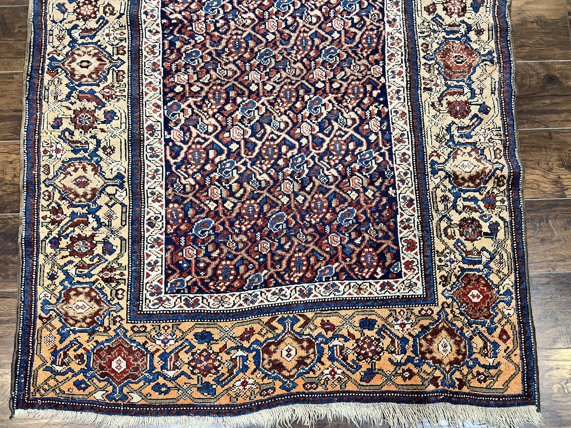 Persian Senneh Rug 4x8, Wool Hand Knotted Antique Kurdish Carpet, Navy Blue Oriental Area Rug, 4 x 8 Rug - Nuvé