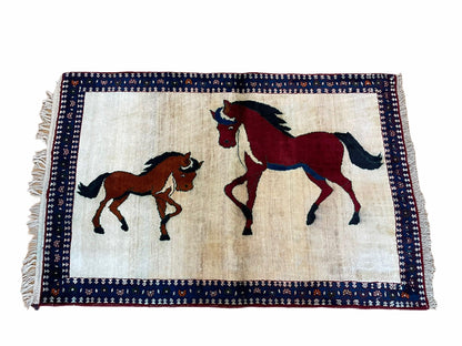 3.5 X 5 Handmade Hand-Knotted Quality Wool Pictorial Brown Horses Animal Rug - Nuvé