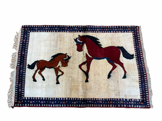 3.5 X 5 Handmade Hand-Knotted Quality Wool Pictorial Brown Horses Animal Rug - Nuvé
