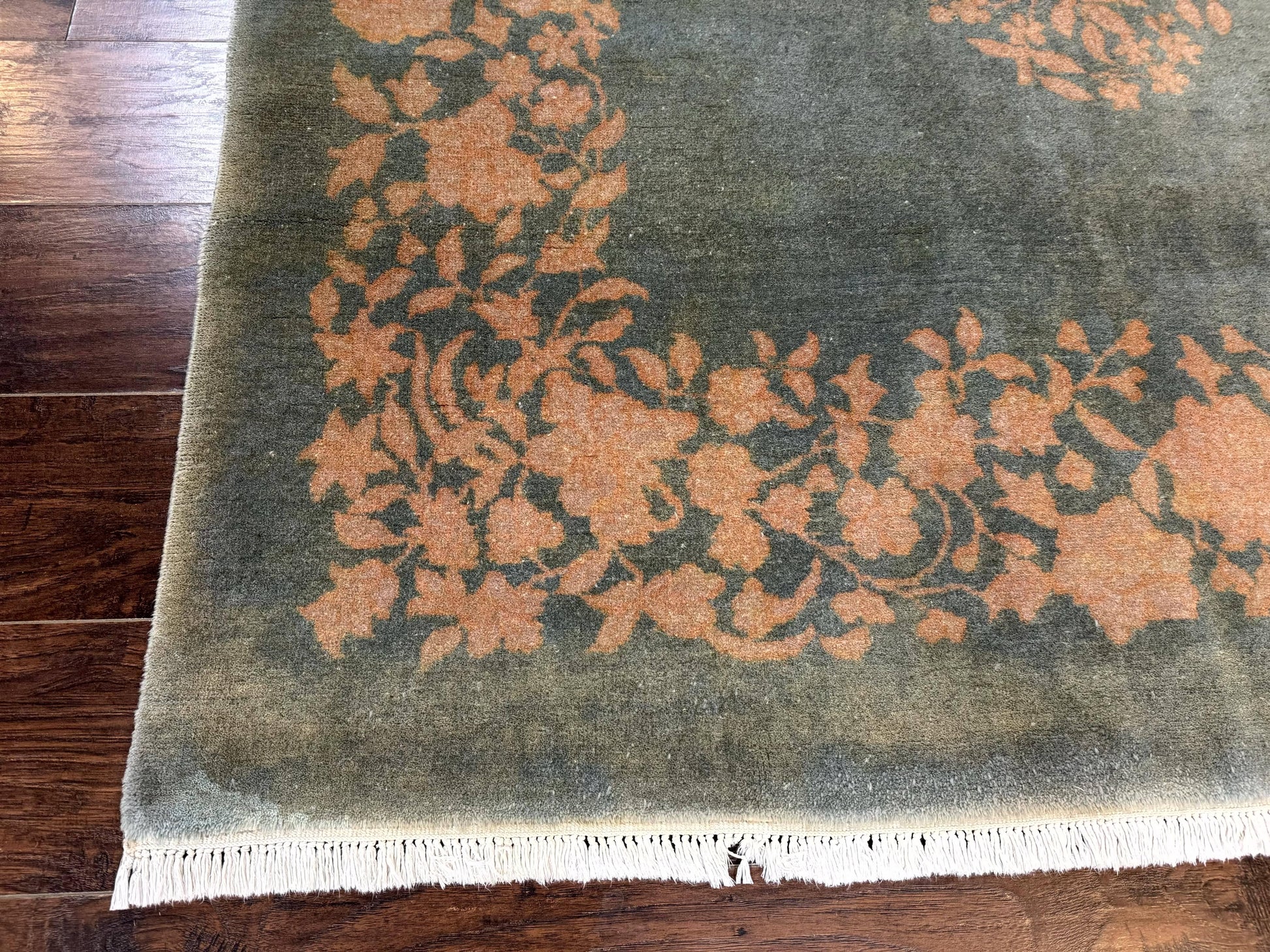 Teal Chinese Wool Rug 6x8, Vintage Handmade Carpet, Floral, Semi Open Field - Nuvé