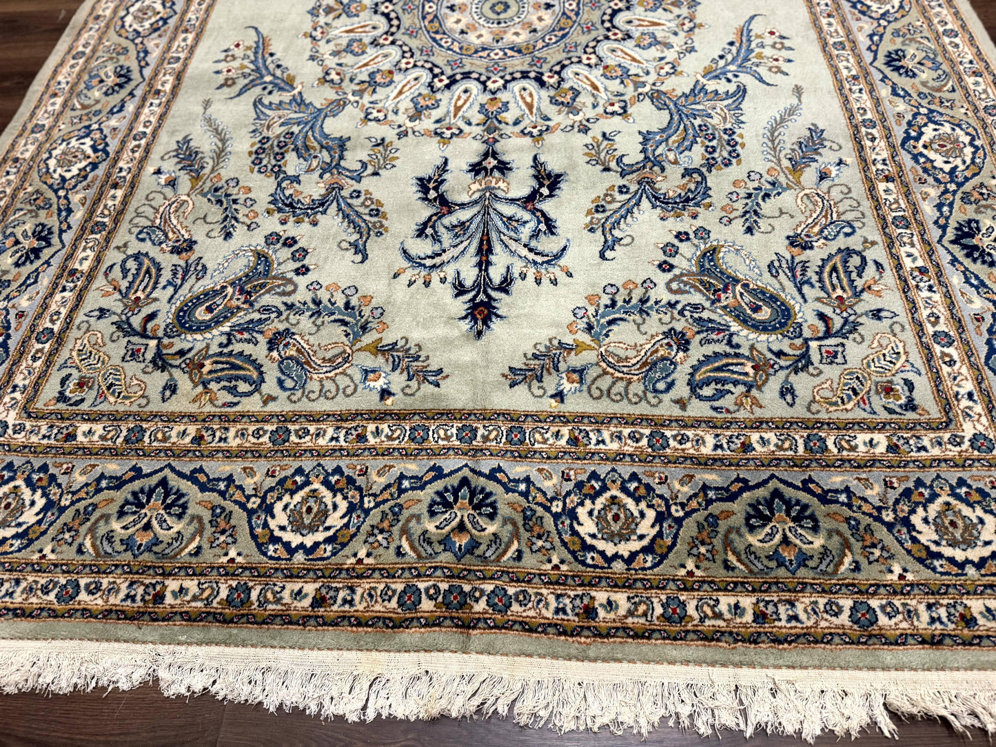 Light Green and Blue Persian Kashan Rug 7x10, Authentic Persian Carpet, Handmade, Wool - Nuvé
