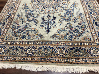 Light Green and Blue Persian Kashan Rug 7x10, Authentic Persian Carpet, Handmade, Wool - Nuvé
