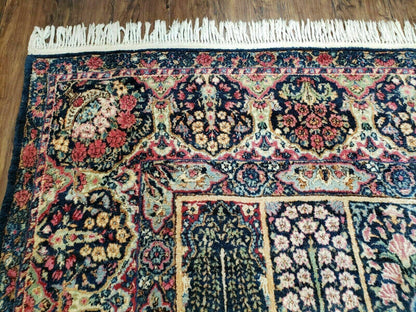 Persian Rug 10x15, Authentic Oriental Carpet 10 x 15, Wool Area Rug Panel Design Hand-Knotted Vintage Kirman Yazd Rug, Dark Blue and Beige,  Floral - Nuvé