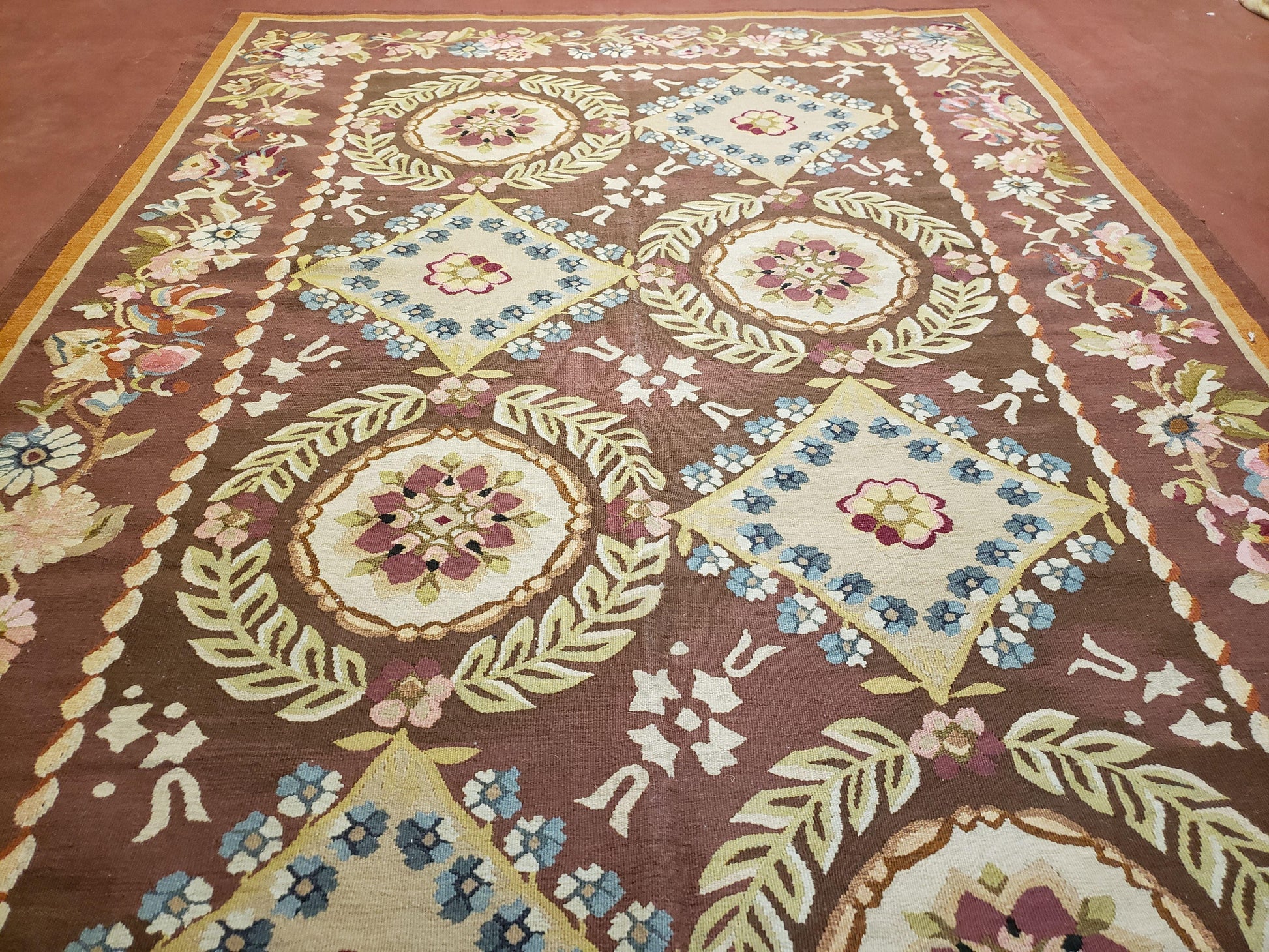 Aubusson Rug 6 x 9 Flat Weave Area Carpet European Design Flowers New Brown Rug Handmade Wool Hand-Knotted Aubusson Weave Medium Rug 6x9 - Nuvé