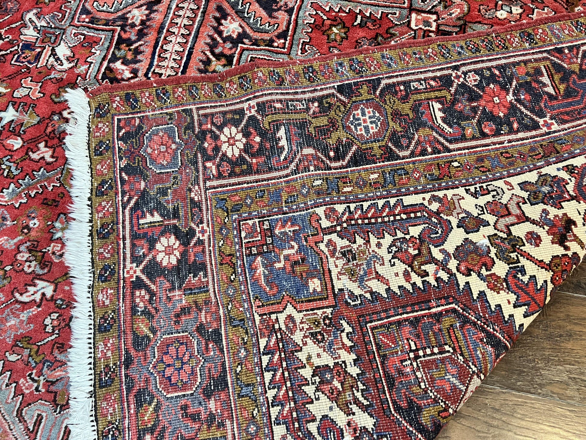 Large Persian Heriz Rug 10x13, Wool Hand Knotted Antique Carpet, Red and Ivory, Geometric Tribal Room Sized Rug, Decorative Oriental Rug - Nuvé