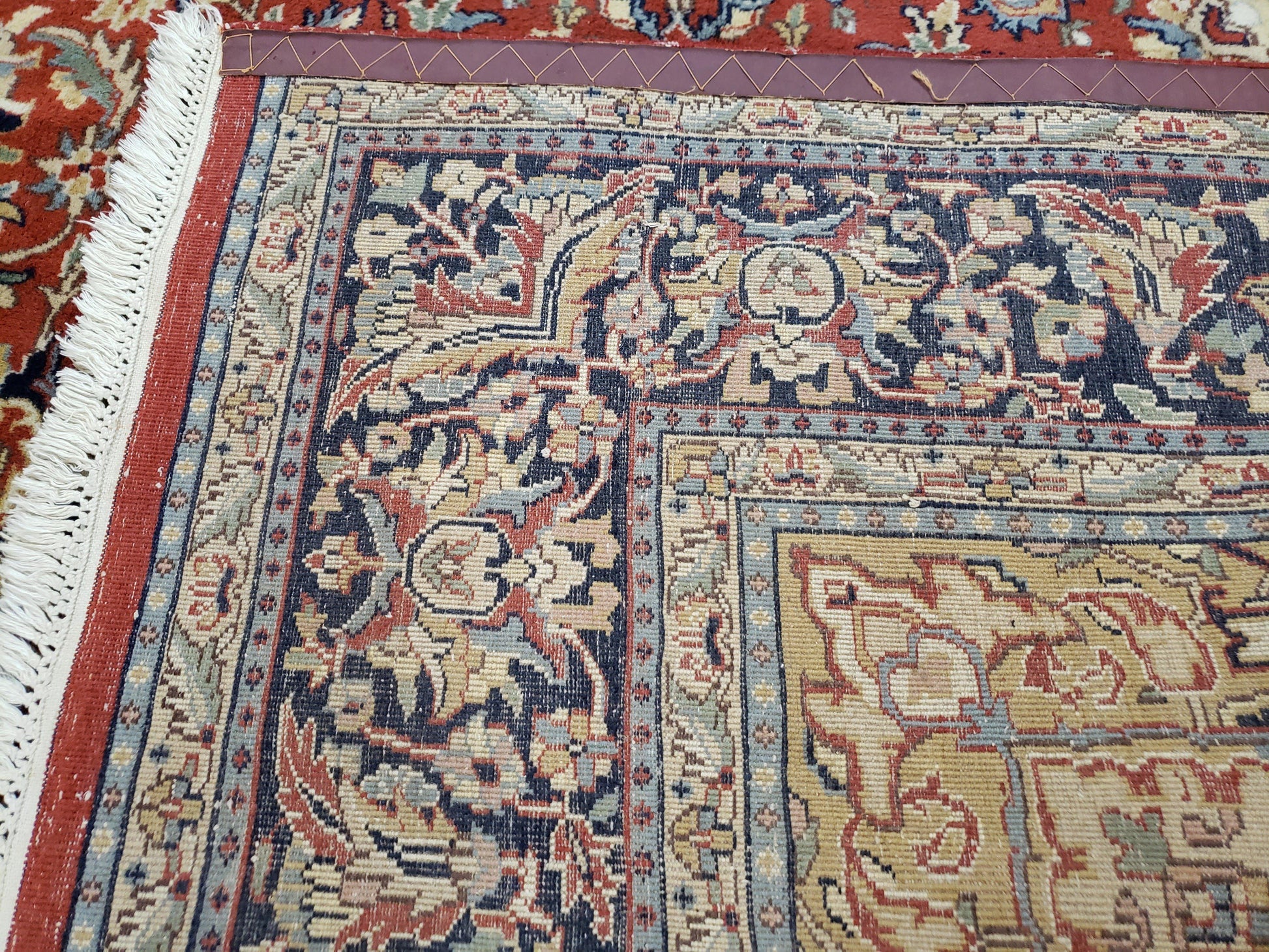 Vintage Indo Persian Oriental Rug 6 x 9.6, Wool Hand-Knotted Red Dark Blue & Gold Indian Carpet, 6 x 9 Office Room Rug, Floral Medallion - Nuvé