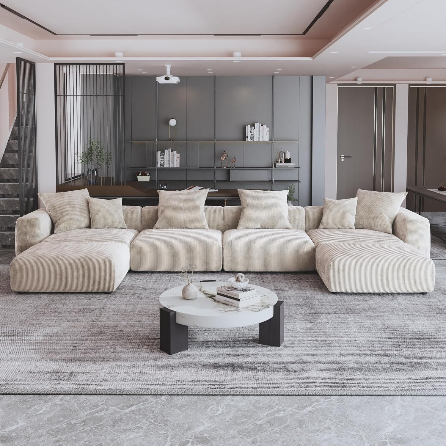 Kanso Corduroy Modular Bouclé Cloud Couch - Beige - 4-Seater Sectional Sofa with 2 Ottomans - Nuvé
