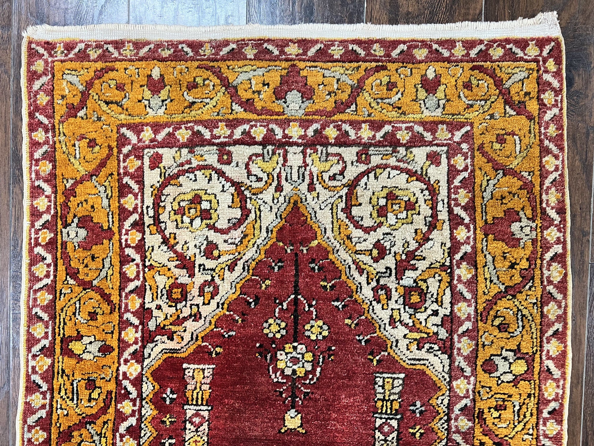 Antique Turkish Prayer Rug 3x5, Hand Knotted Turkish Melas Oushak Wool Carpet, Mehrab Rug, Orange & Red Vintage Rug 3 x 5 Collectible - Nuvé
