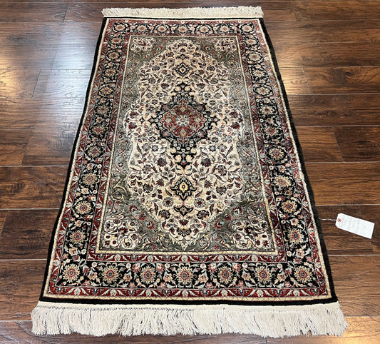 Silk Sino Persian Rug 3x5, Floral Medallion, Hand Knotted Silk Pile Silk Foundation, Traditional Silk Handmade Oriental Carpet, Cream Black - Nuvé
