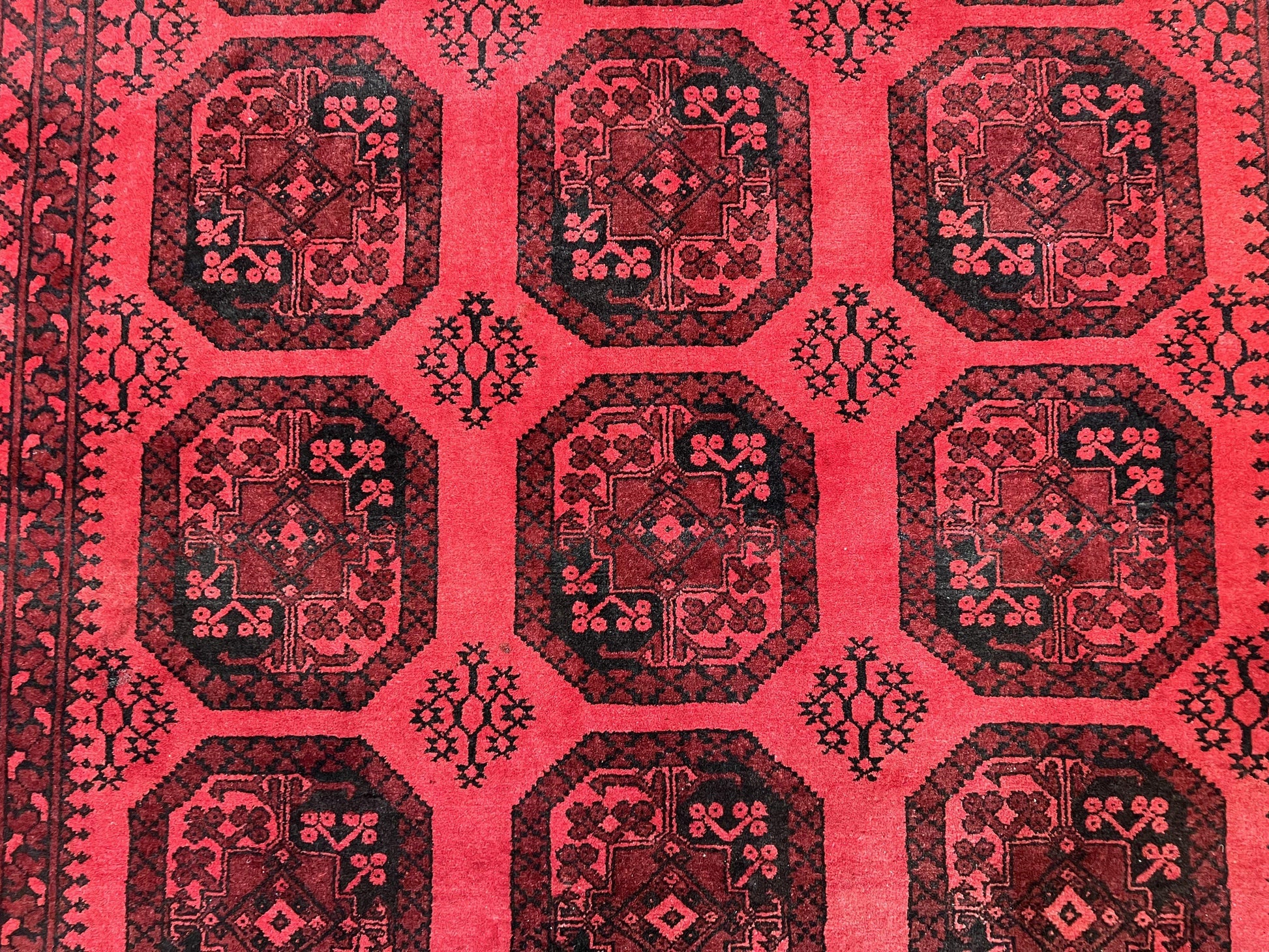 Afghan Turkoman Rug 7x10, Vintage Yamud Beshir Bokhara Carpet, Red and Black Bukhara Hand-Knotted Oriental Wool Handmade Rug, Elephant Foot - Nuvé
