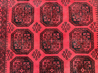 Afghan Turkoman Rug 7x10, Vintage Yamud Beshir Bokhara Carpet, Red and Black Bukhara Hand-Knotted Oriental Wool Handmade Rug, Elephant Foot