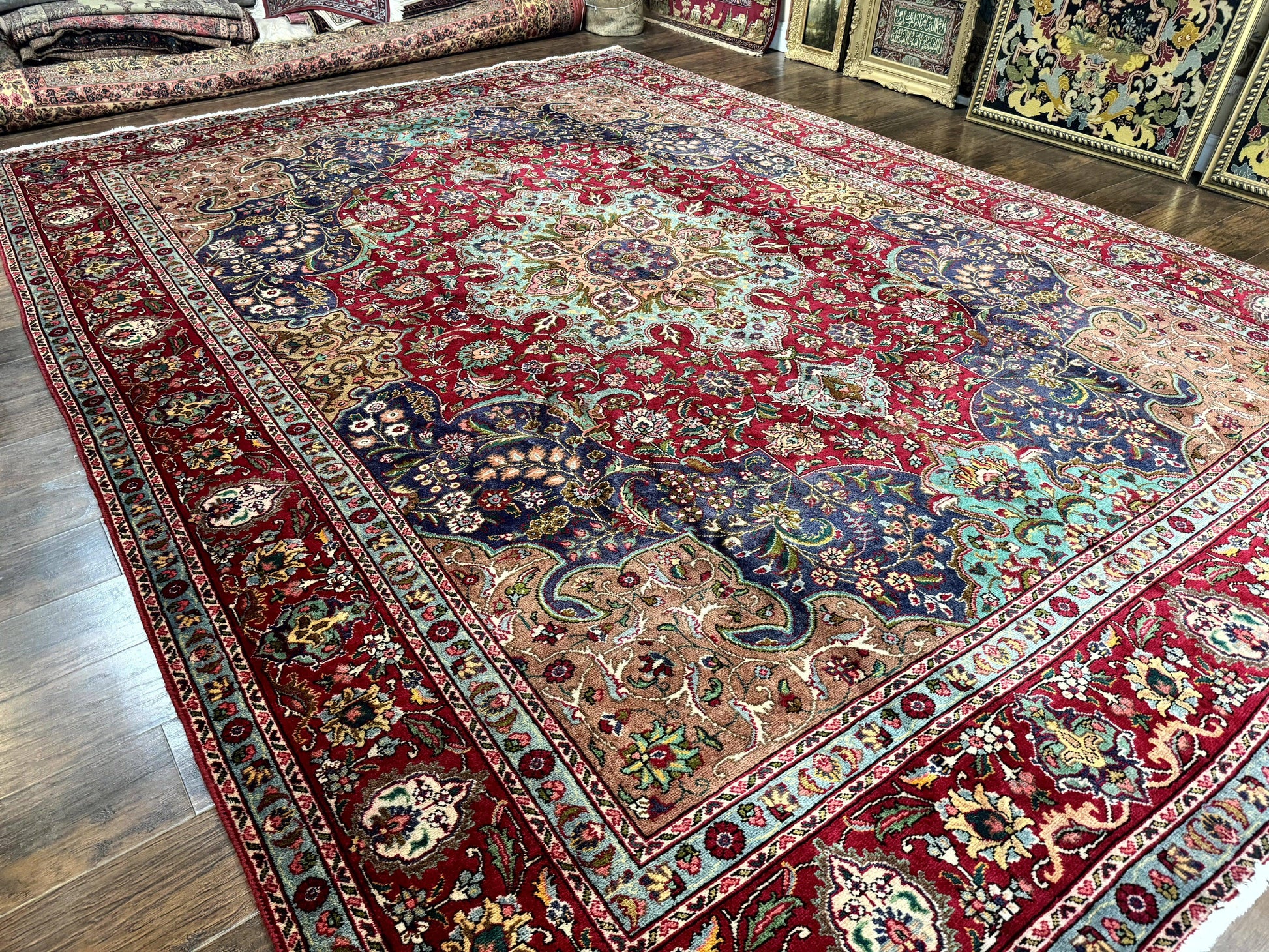 Wonderful Persian Tabriz Rug 10x14, Antique Persian Carpet, Handmade Wool Rug, Floral Medallion, Red Navy Blue, Colorful, Large Persian Area Rug - Nuvé